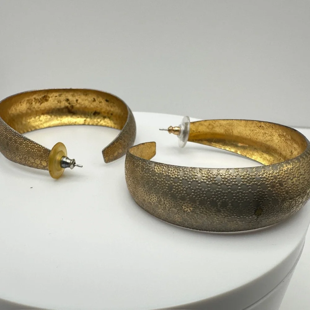 Vintage 80s Gold‎ Tone Textured Hoop Earrings Statement Boho Women's Jewelry Y2K
